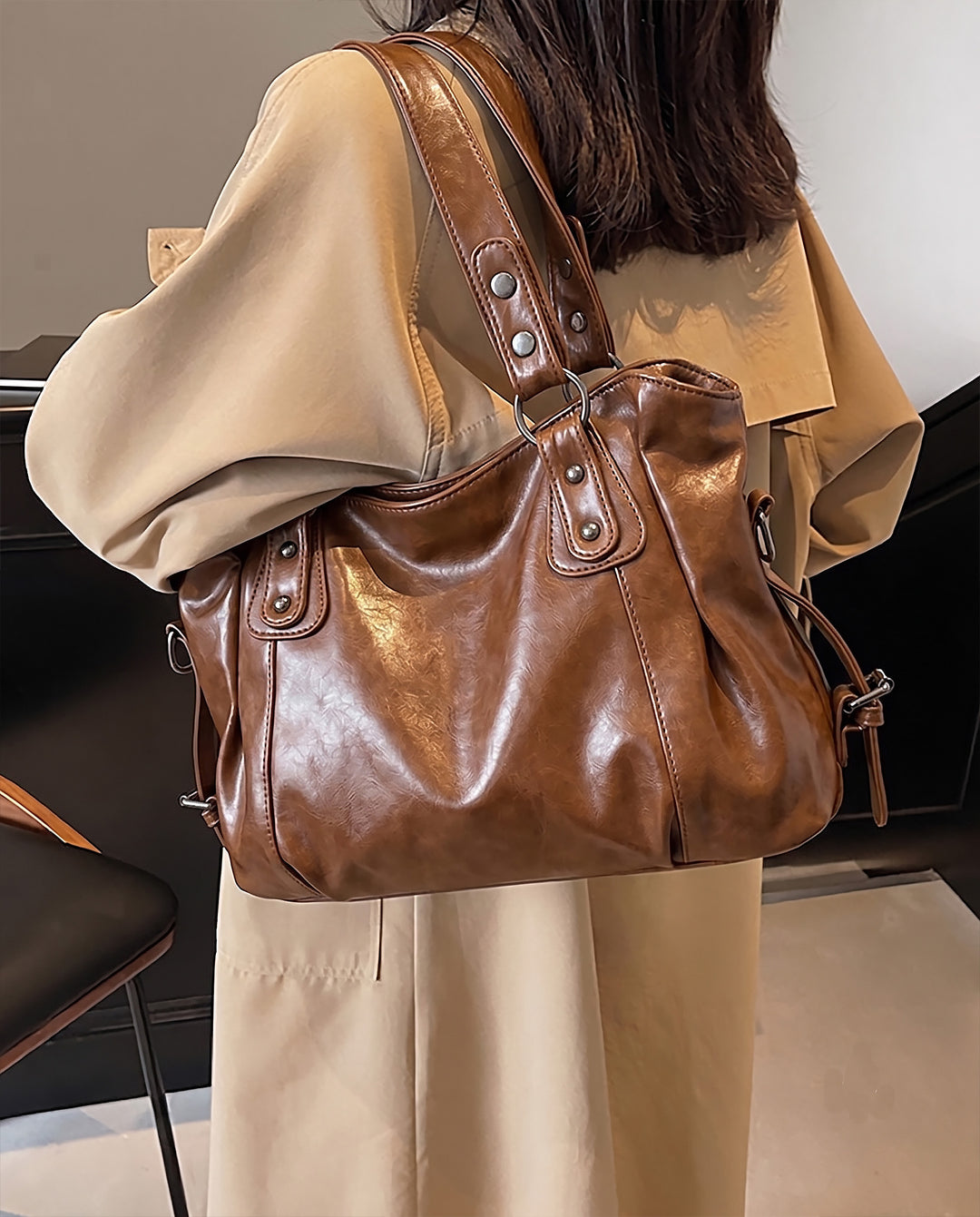 Vintage Brown Soft Faux Leather Hobo Bag With Detachable Crossbody Strap