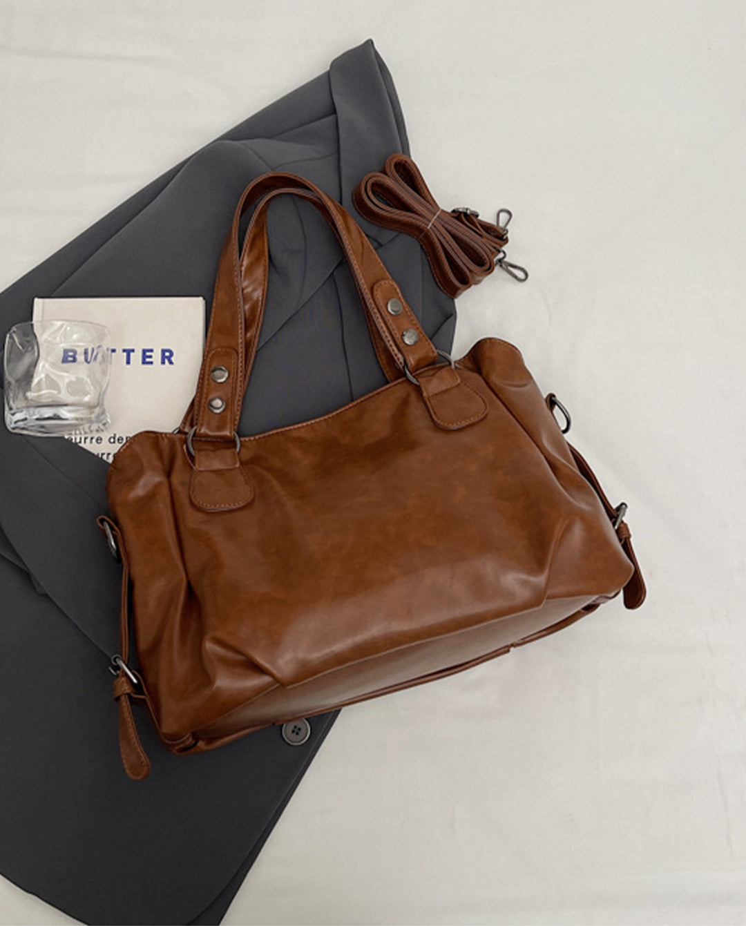 Vintage Brown Soft Faux Leather Hobo Bag With Detachable Crossbody Strap