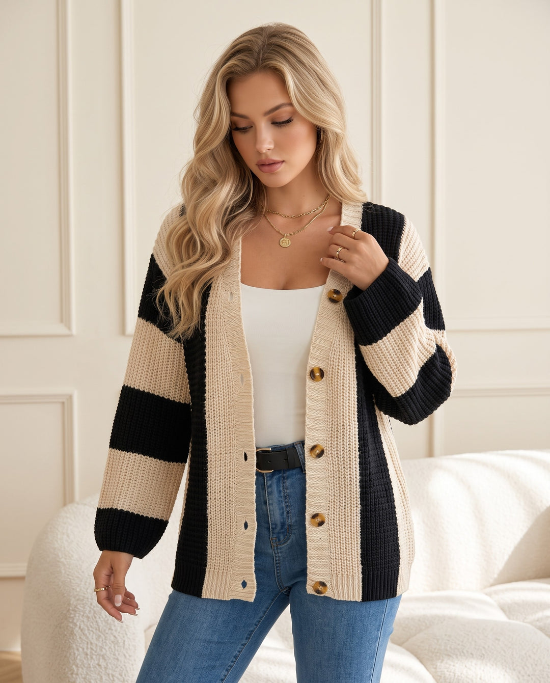 Waffle-Knit Striped Long Sleeve Oversize Cardigan