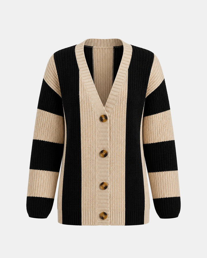 Waffle-Knit Striped Long Sleeve Oversize Cardigan