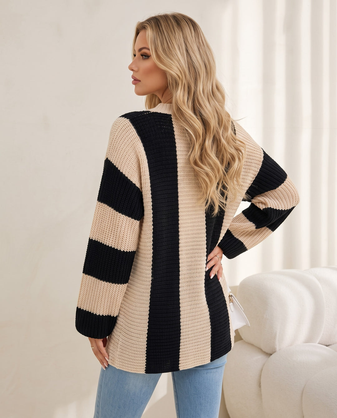 Waffle-Knit Striped Long Sleeve Oversize Cardigan