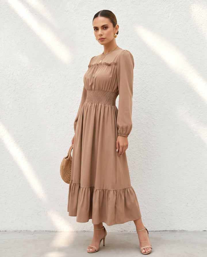 Long Sleeve Waist-Gathered Ruffle Hem Maxi Dress