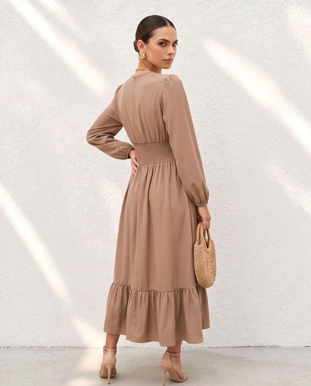 Long Sleeve Waist-Gathered Ruffle Hem Maxi Dress