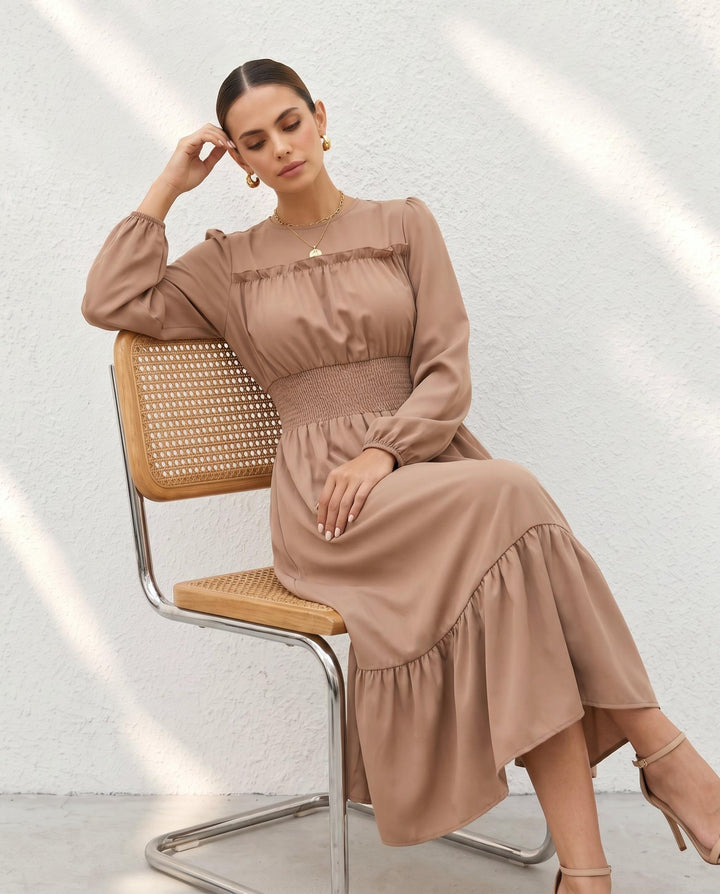 Long Sleeve Waist-Gathered Ruffle Hem Maxi Dress