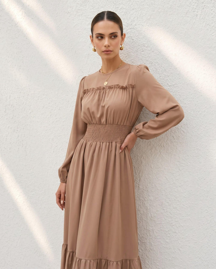 Long Sleeve Waist-Gathered Ruffle Hem Maxi Dress