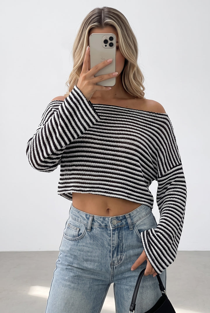 Off-Shoulder Long Sleeve Striped T-Shirts