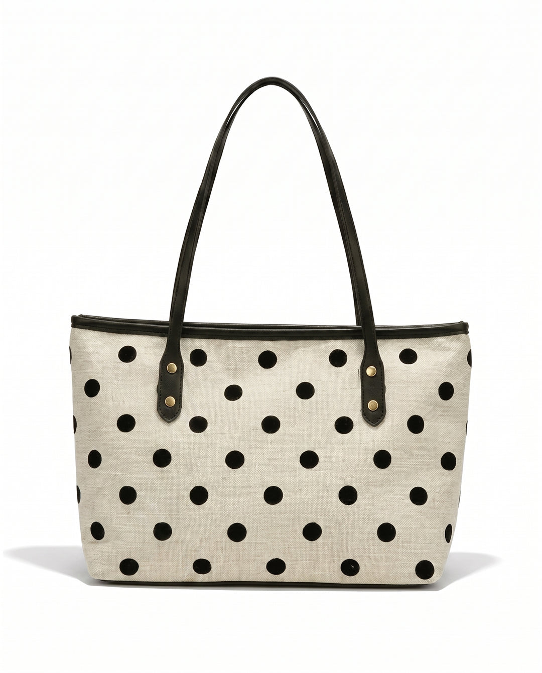 White Black Polka Dot Canvas Tote Bag With Black Handles