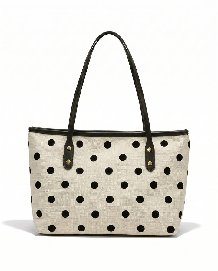 White Black Polka Dot Canvas Tote Bag With Black Handles