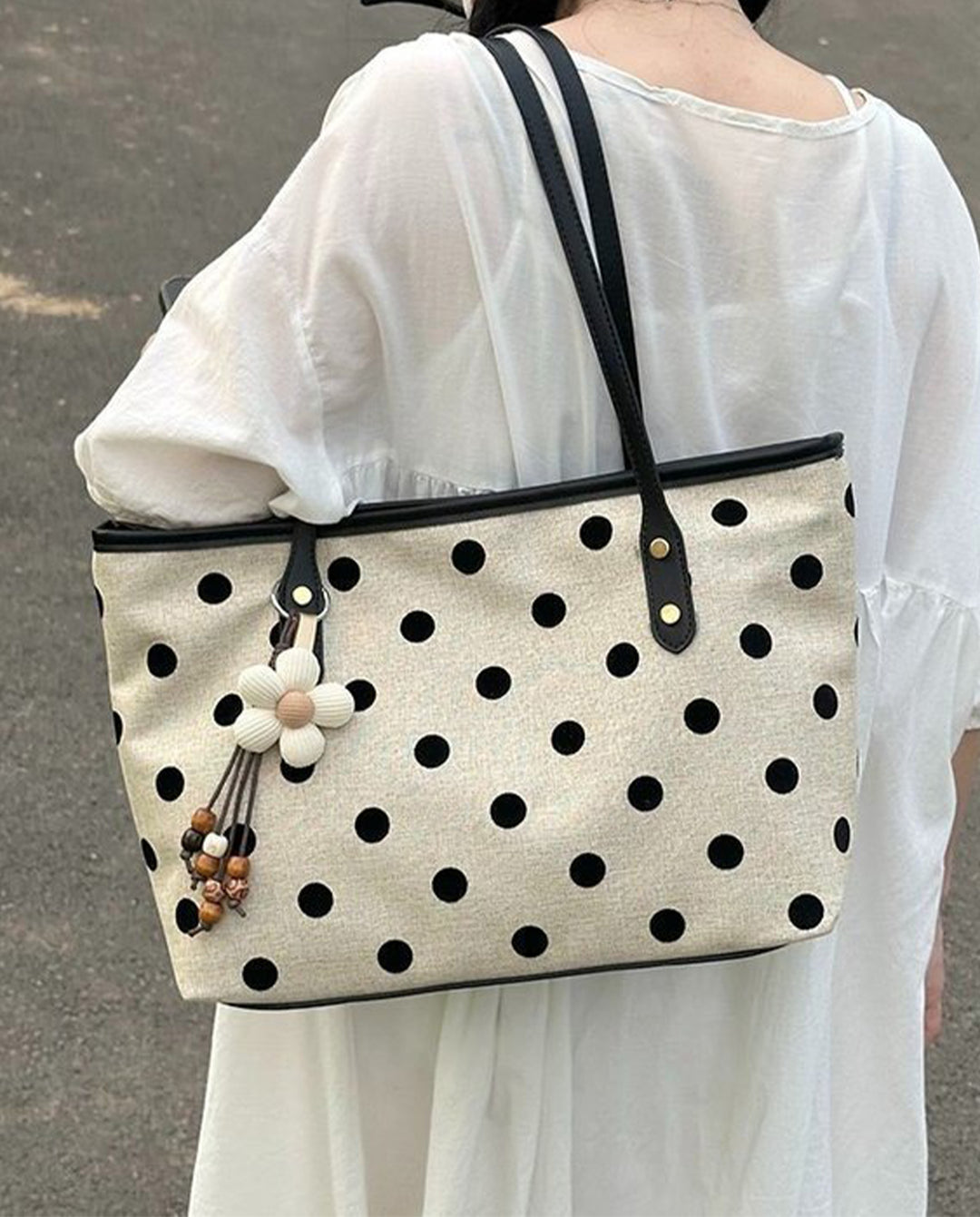 White Black Polka Dot Canvas Tote Bag With Black Handles