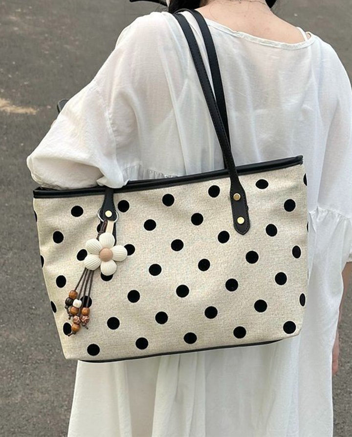 White Black Polka Dot Canvas Tote Bag With Black Handles