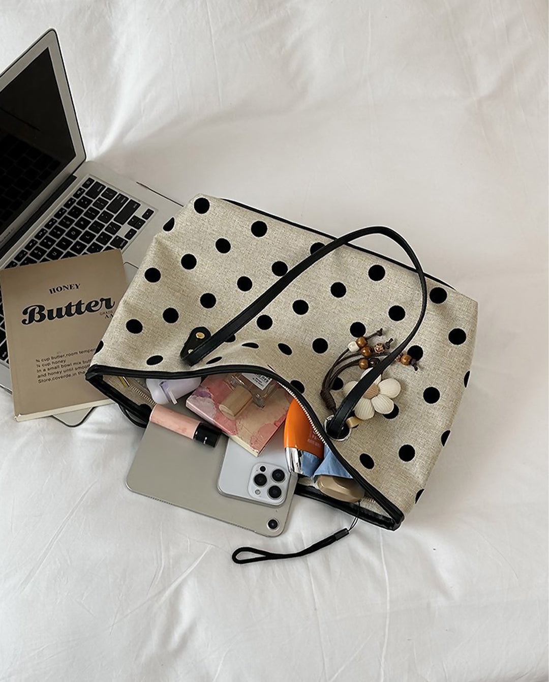 White Black Polka Dot Canvas Tote Bag With Black Handles