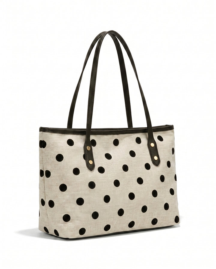 White Black Polka Dot Canvas Tote Bag With Black Handles