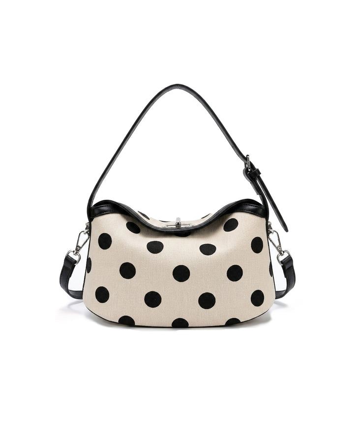 Beige Black Polka Dot Hobo Shoulder Bag With Detachable Crossbody Strap