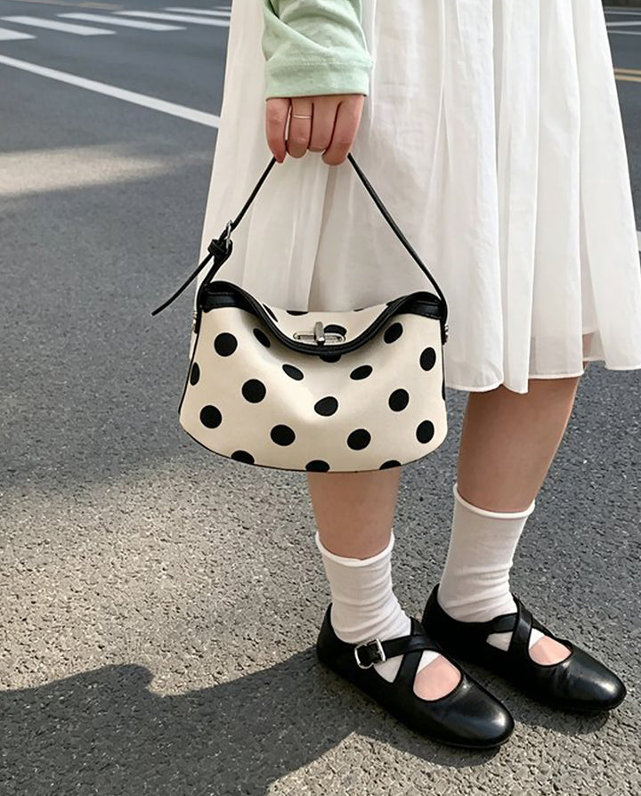 Beige Black Polka Dot Hobo Shoulder Bag With Detachable Crossbody Strap