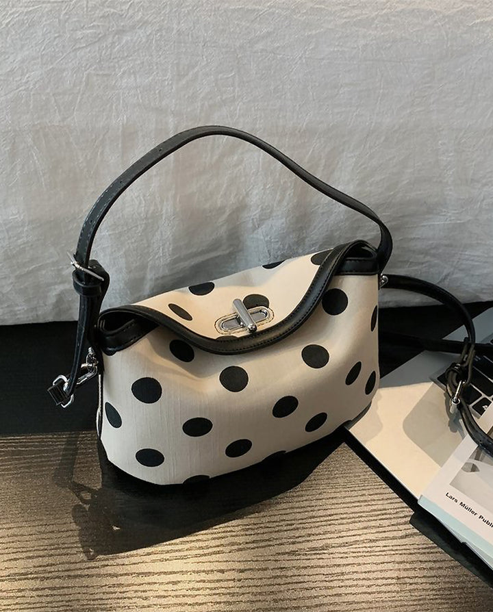 Beige Black Polka Dot Hobo Shoulder Bag With Detachable Crossbody Strap