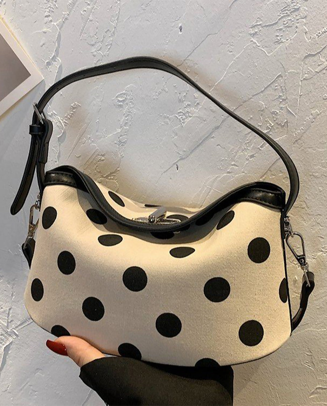 Beige Black Polka Dot Hobo Shoulder Bag With Detachable Crossbody Strap