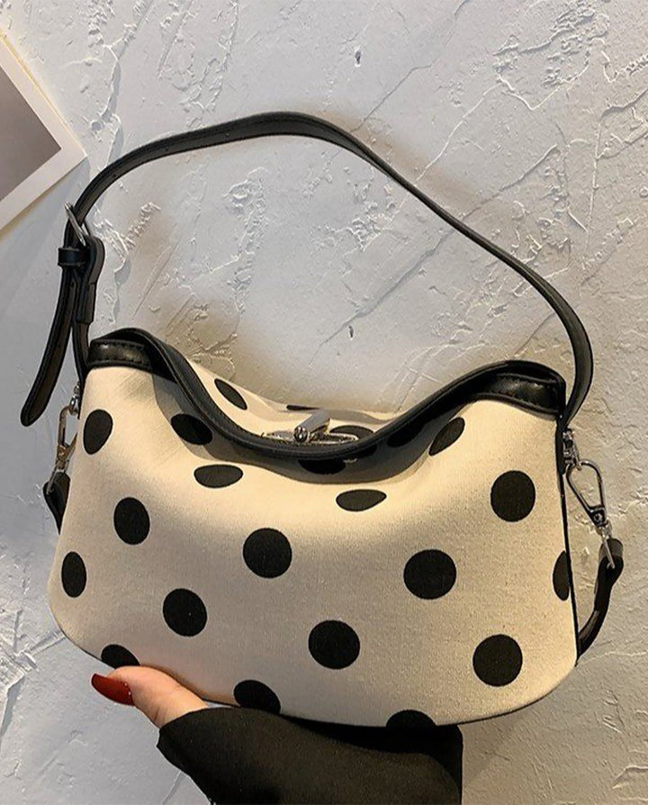 Beige Black Polka Dot Hobo Shoulder Bag With Detachable Crossbody Strap