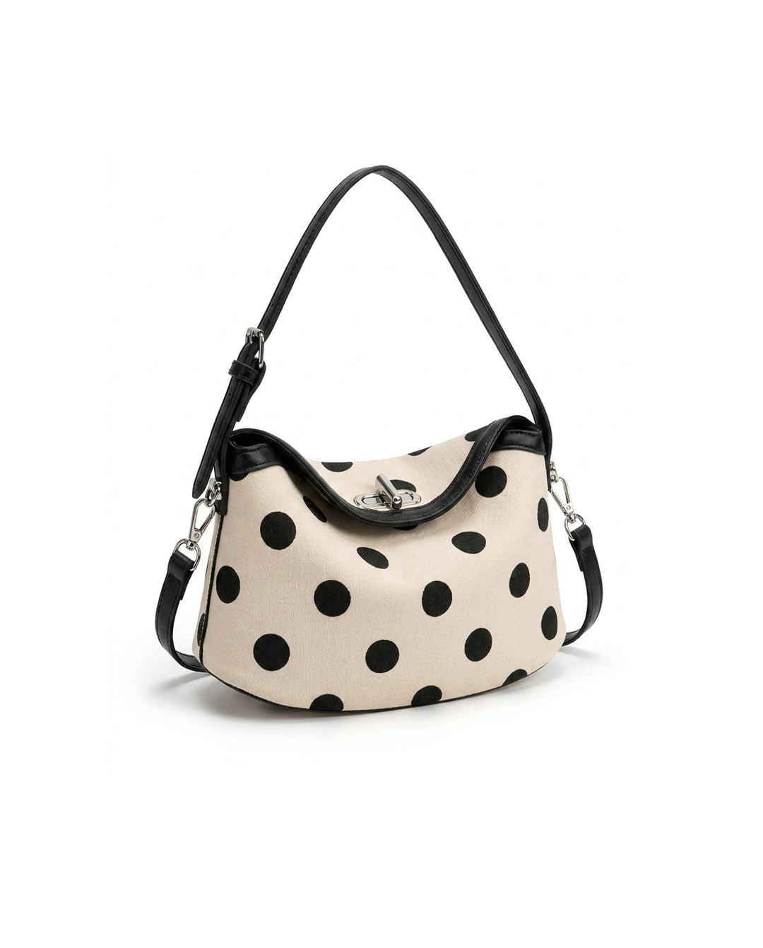 Beige Black Polka Dot Hobo Shoulder Bag With Detachable Crossbody Strap