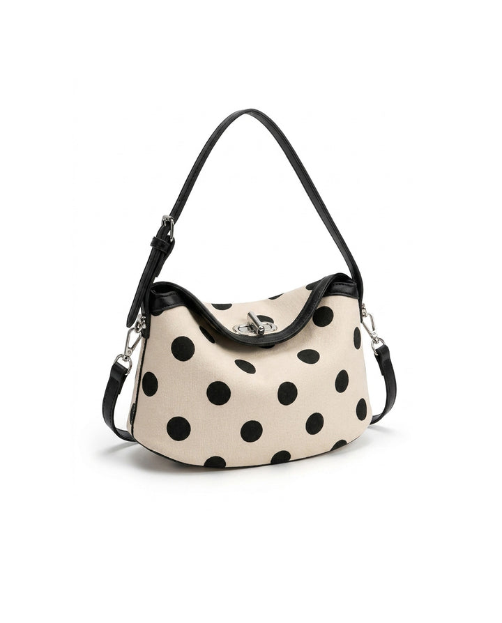 Beige Black Polka Dot Hobo Shoulder Bag With Detachable Crossbody Strap