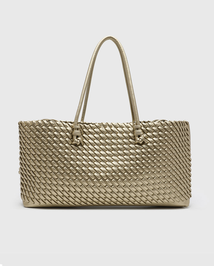 Metallic Gold Hand Woven Rectangular Tote Shoulder Bag