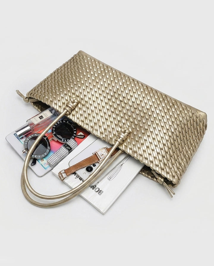 Metallic Gold Hand Woven Rectangular Tote Shoulder Bag
