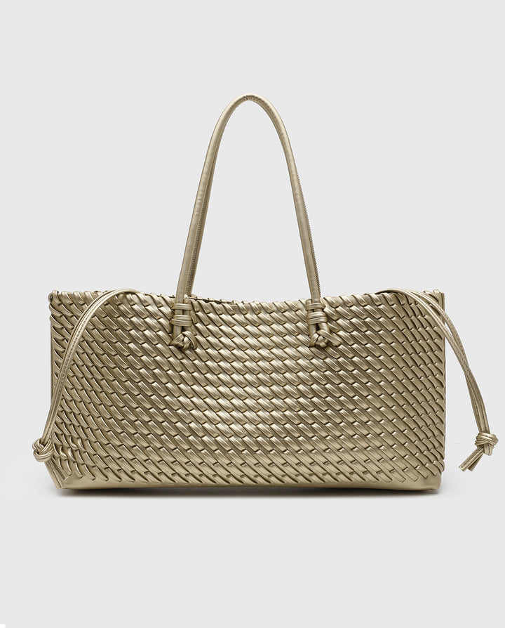 Metallic Gold Hand Woven Rectangular Tote Shoulder Bag