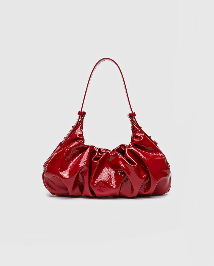 Glossy Red Ruched Hobo Shoulder Bag