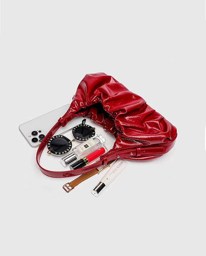 Glossy Red Ruched Hobo Shoulder Bag