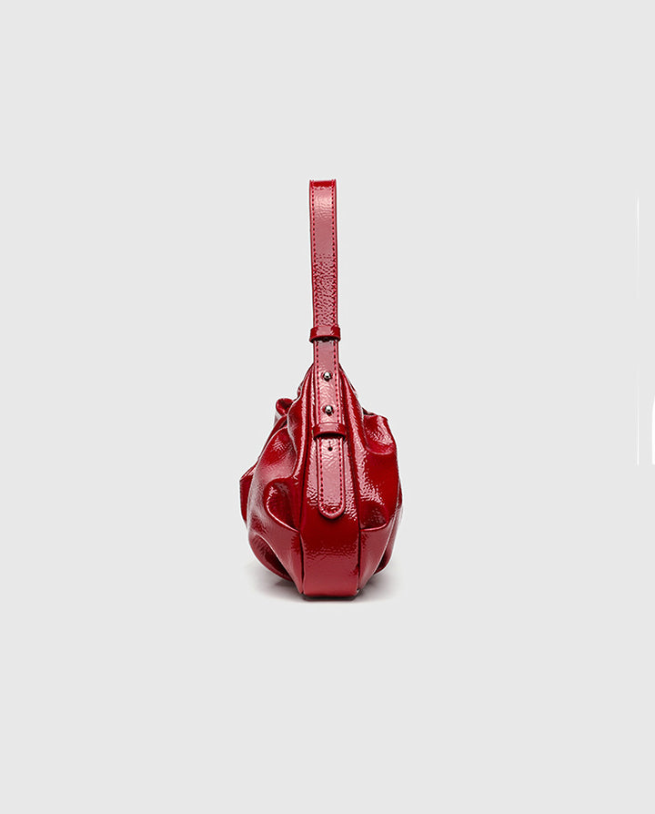 Glossy Red Ruched Hobo Shoulder Bag
