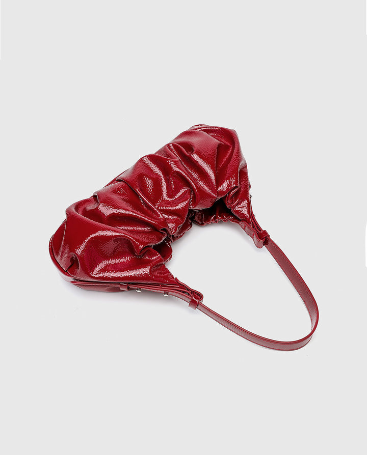 Glossy Red Ruched Hobo Shoulder Bag
