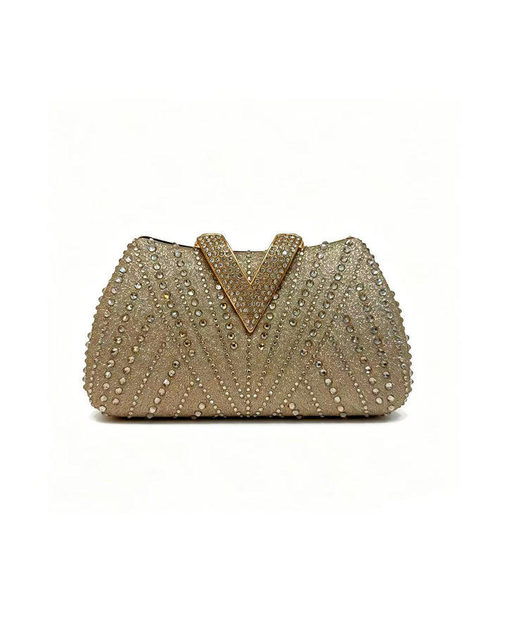 Gold Glitter Rhinestone V Shape Clutch Evening Bag