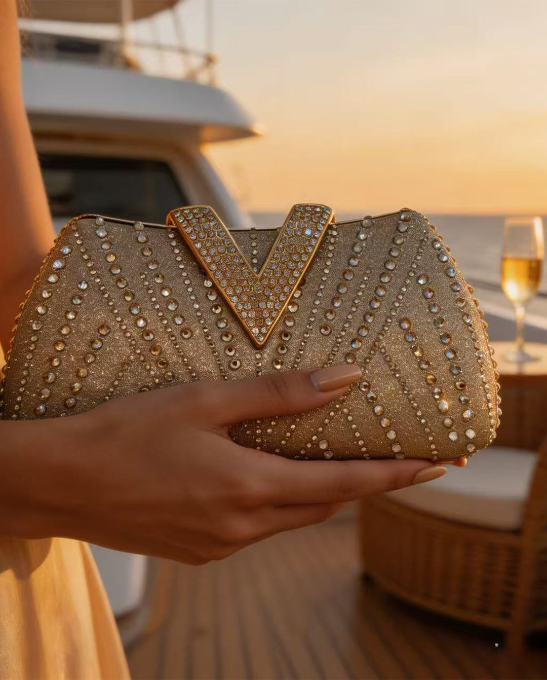 Gold Glitter Rhinestone V Shape Clutch Evening Bag