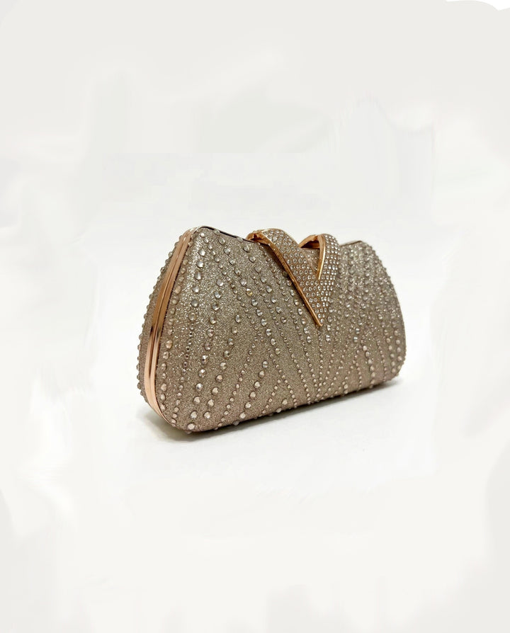 Gold Glitter Rhinestone V Shape Clutch Evening Bag