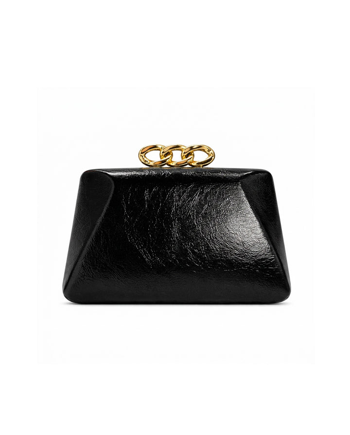 Black Crackled Faux Leather Hardcase Clutch With Gold Chain Clasp