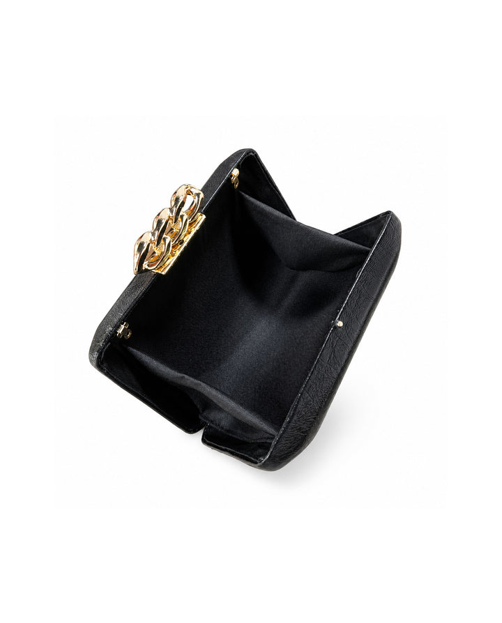 Black Crackled Faux Leather Hardcase Clutch With Gold Chain Clasp