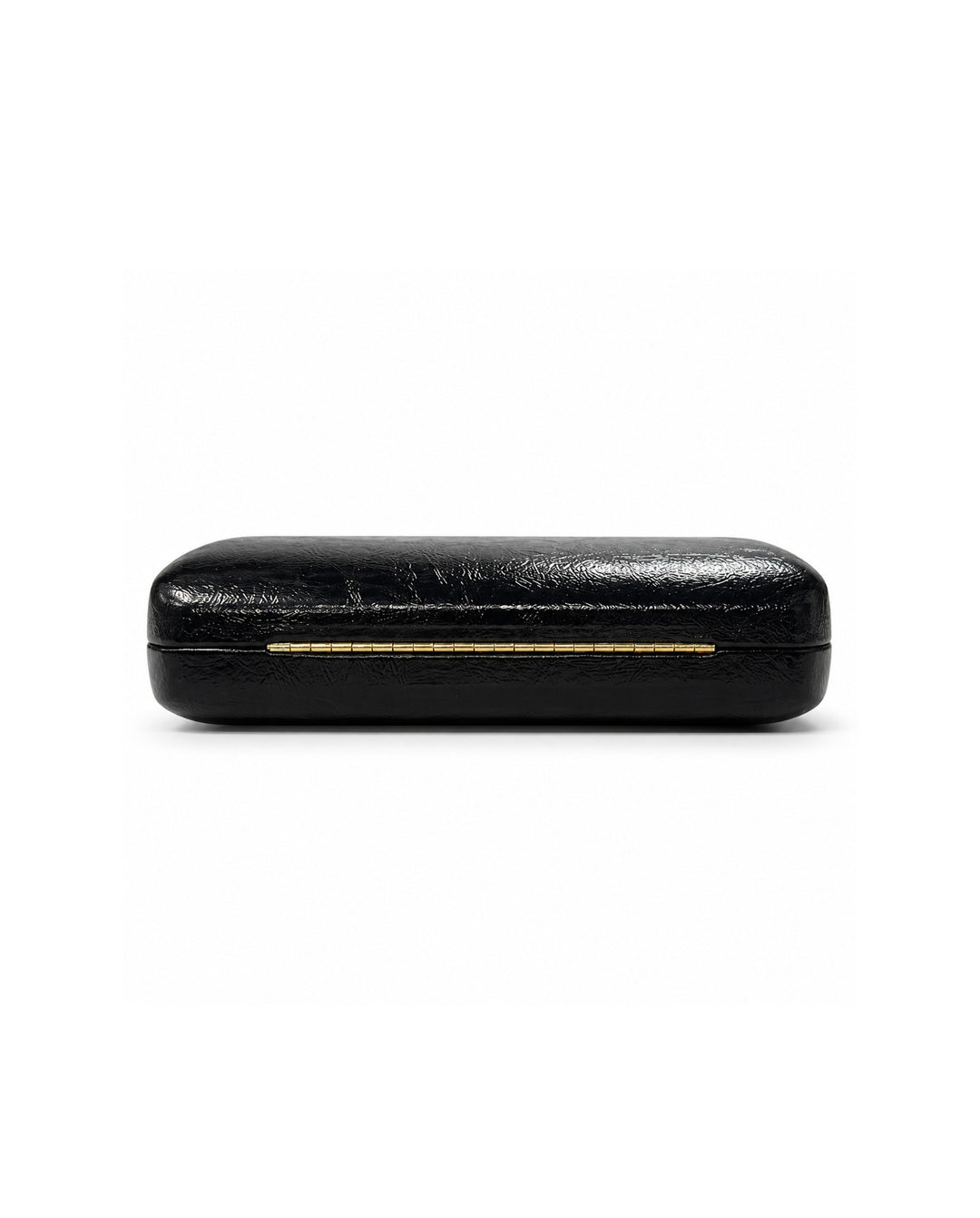 Black Crackled Faux Leather Hardcase Clutch With Gold Chain Clasp