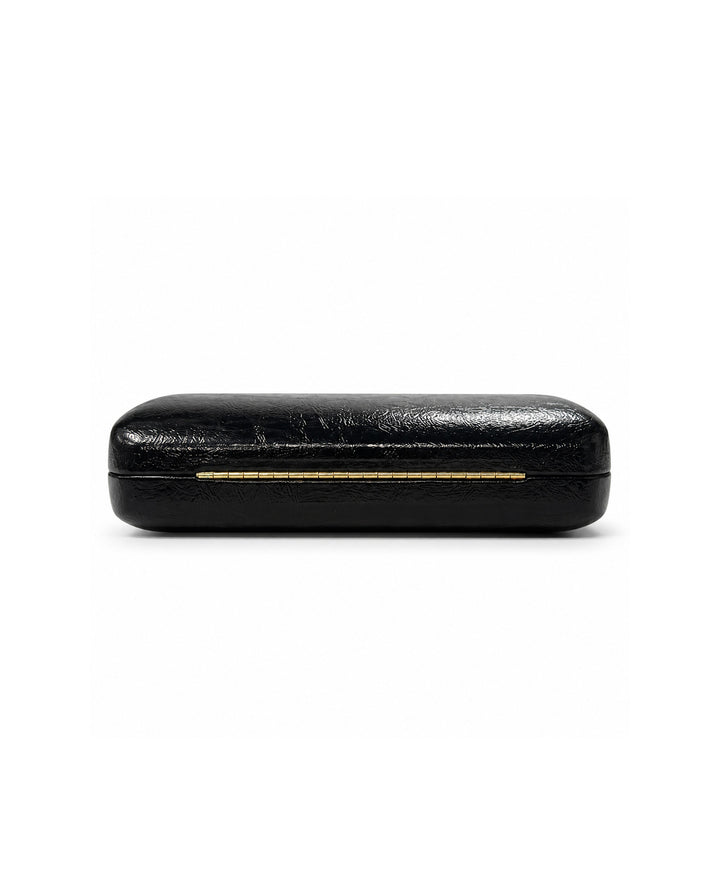 Black Crackled Faux Leather Hardcase Clutch With Gold Chain Clasp