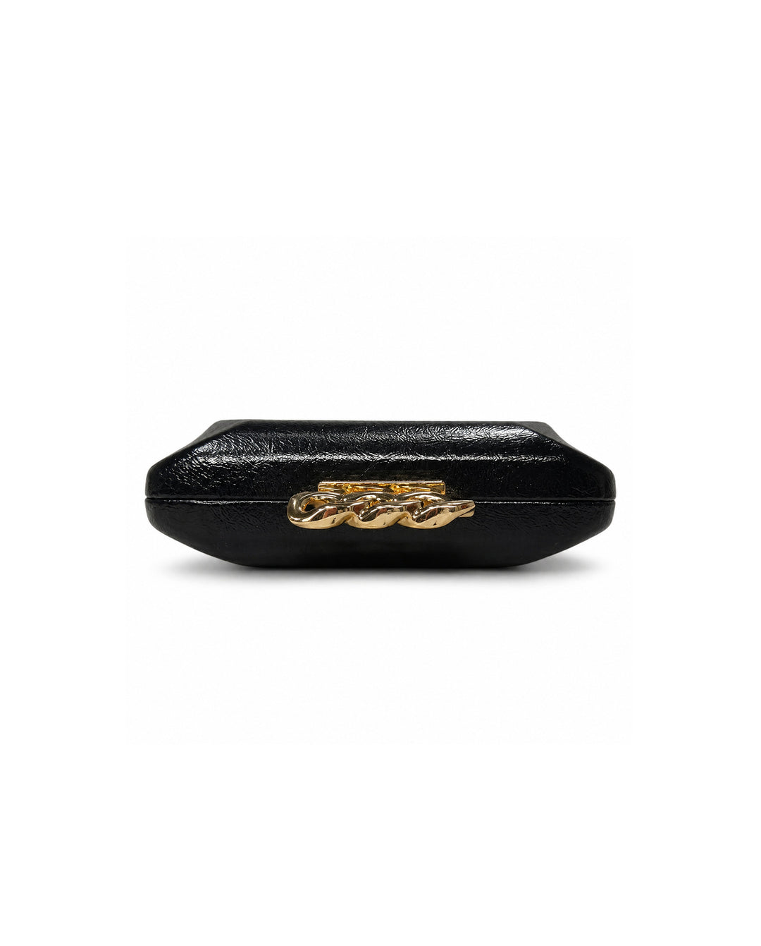 Black Crackled Faux Leather Hardcase Clutch With Gold Chain Clasp