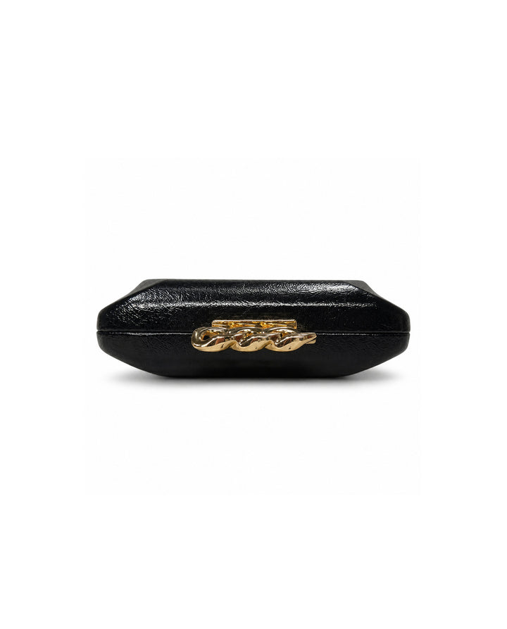 Black Crackled Faux Leather Hardcase Clutch With Gold Chain Clasp