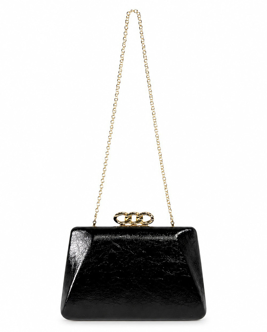 Black Crackled Faux Leather Hardcase Clutch With Gold Chain Clasp