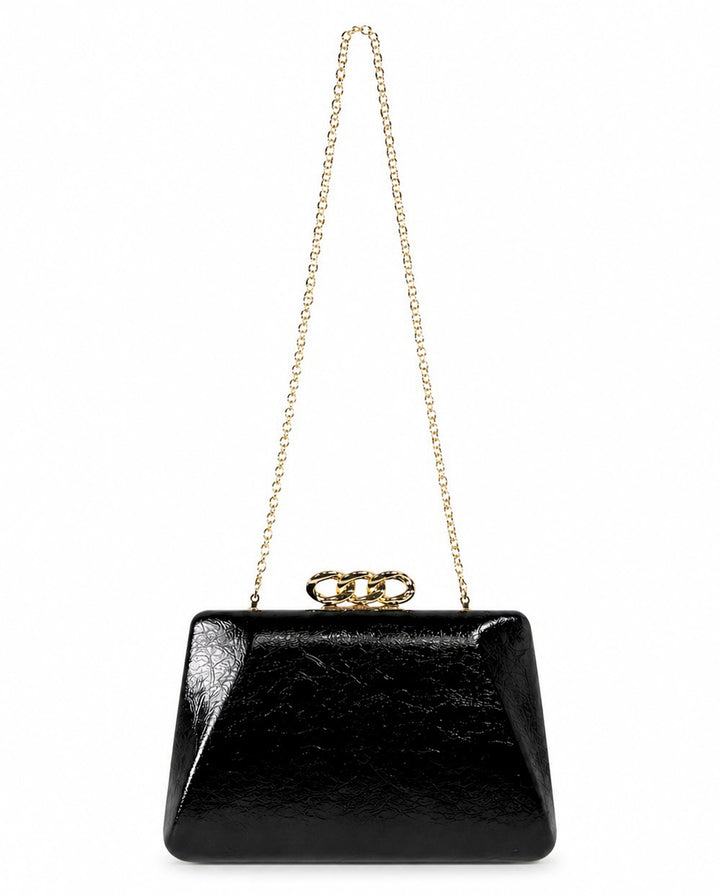 Black Crackled Faux Leather Hardcase Clutch With Gold Chain Clasp