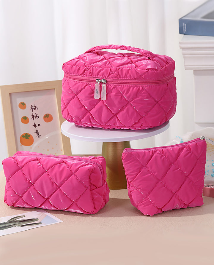 Hot Pink Diamond Quilted 3 Piece Cosmetic Bag Set Travel Makeup Pouches