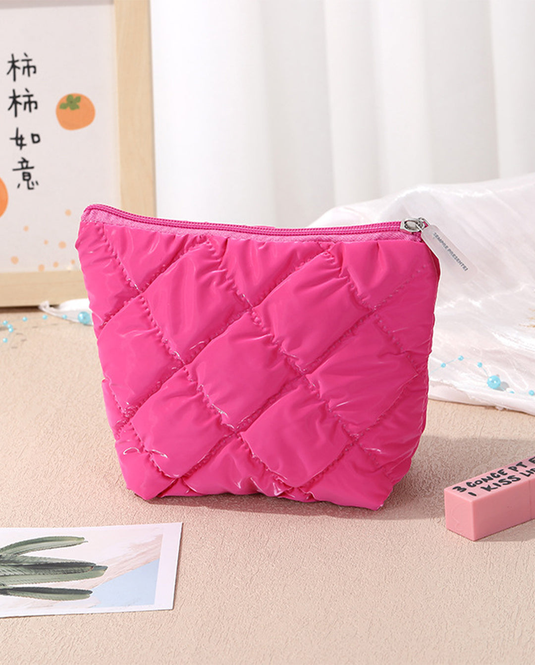 Hot Pink Diamond Quilted 3 Piece Cosmetic Bag Set Travel Makeup Pouches