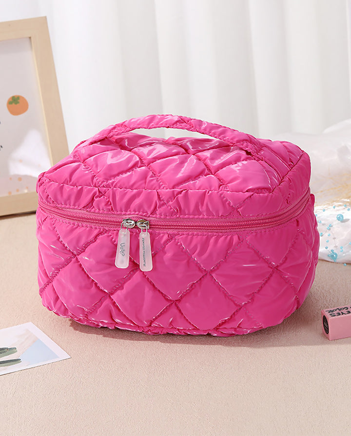 Hot Pink Diamond Quilted 3 Piece Cosmetic Bag Set Travel Makeup Pouches