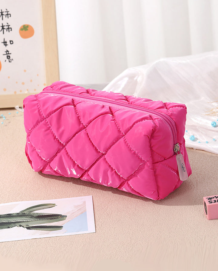 Hot Pink Diamond Quilted 3 Piece Cosmetic Bag Set Travel Makeup Pouches