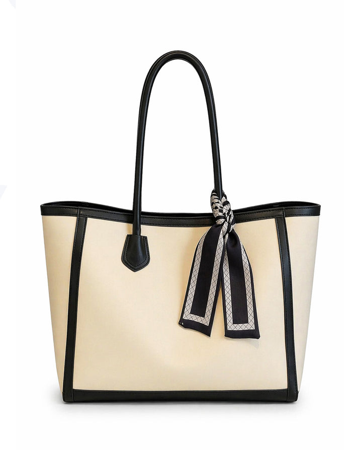 Cream Black Trim Large Tote Bag With Decorative Silk Scarf