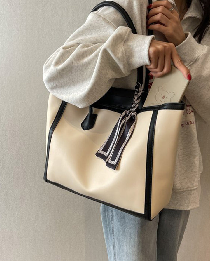 Cream Black Trim Large Tote Bag With Decorative Silk Scarf