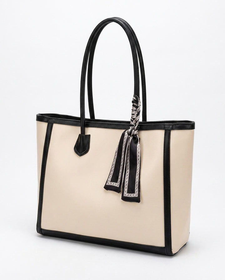 Cream Black Trim Large Tote Bag With Decorative Silk Scarf