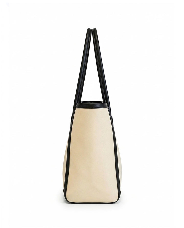 Cream Black Trim Large Tote Bag With Decorative Silk Scarf