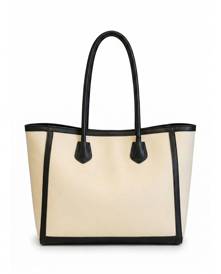 Cream Black Trim Large Tote Bag With Decorative Silk Scarf